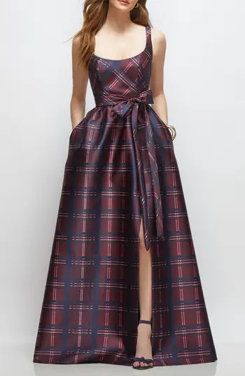 Tartan Tie Waist Sleeveless Satin Gown | Nordstrom