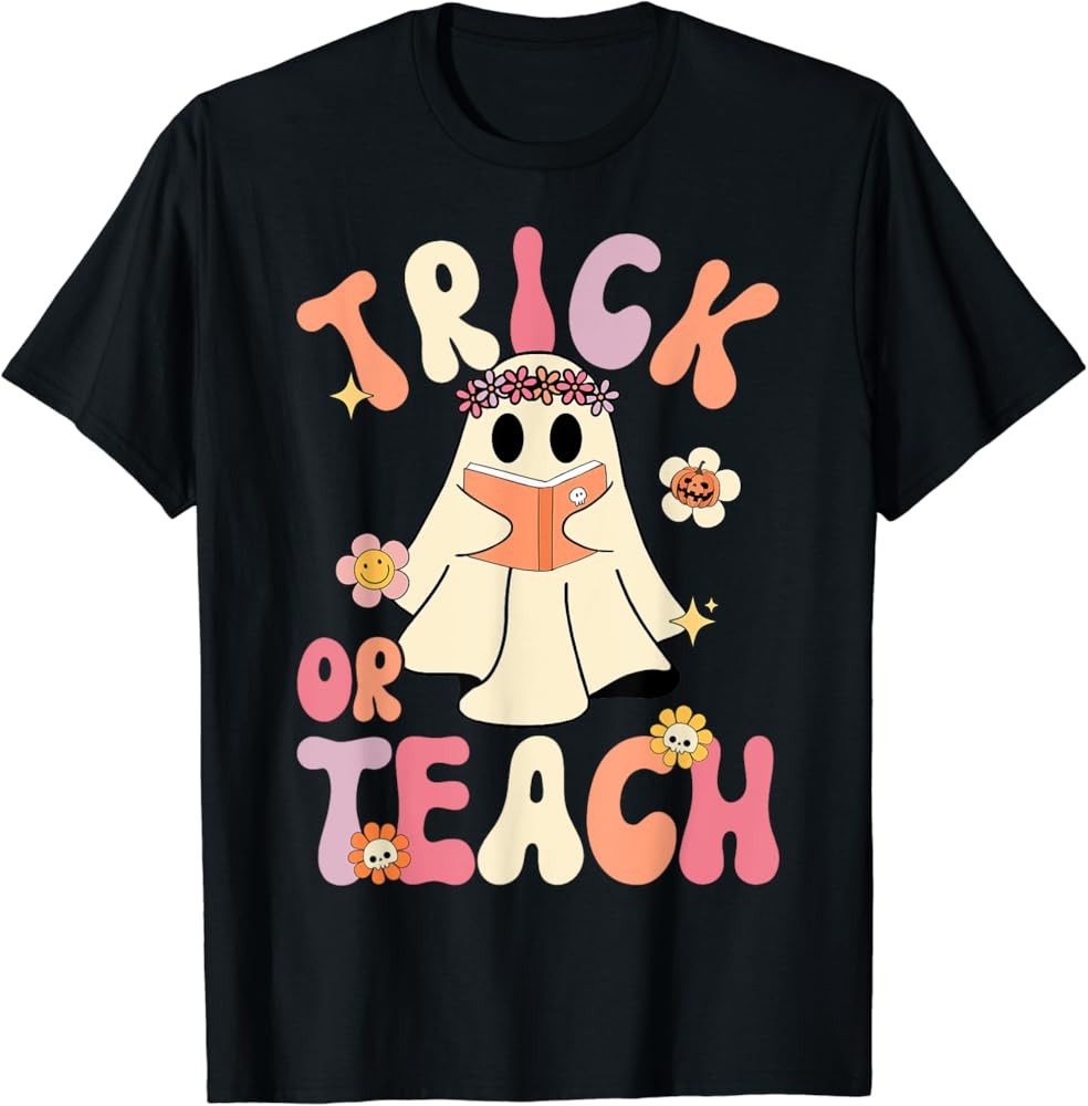 Groovy Halloween Trick or Teach Retro Floral Ghost Teacher T-Shirt | Amazon (US)