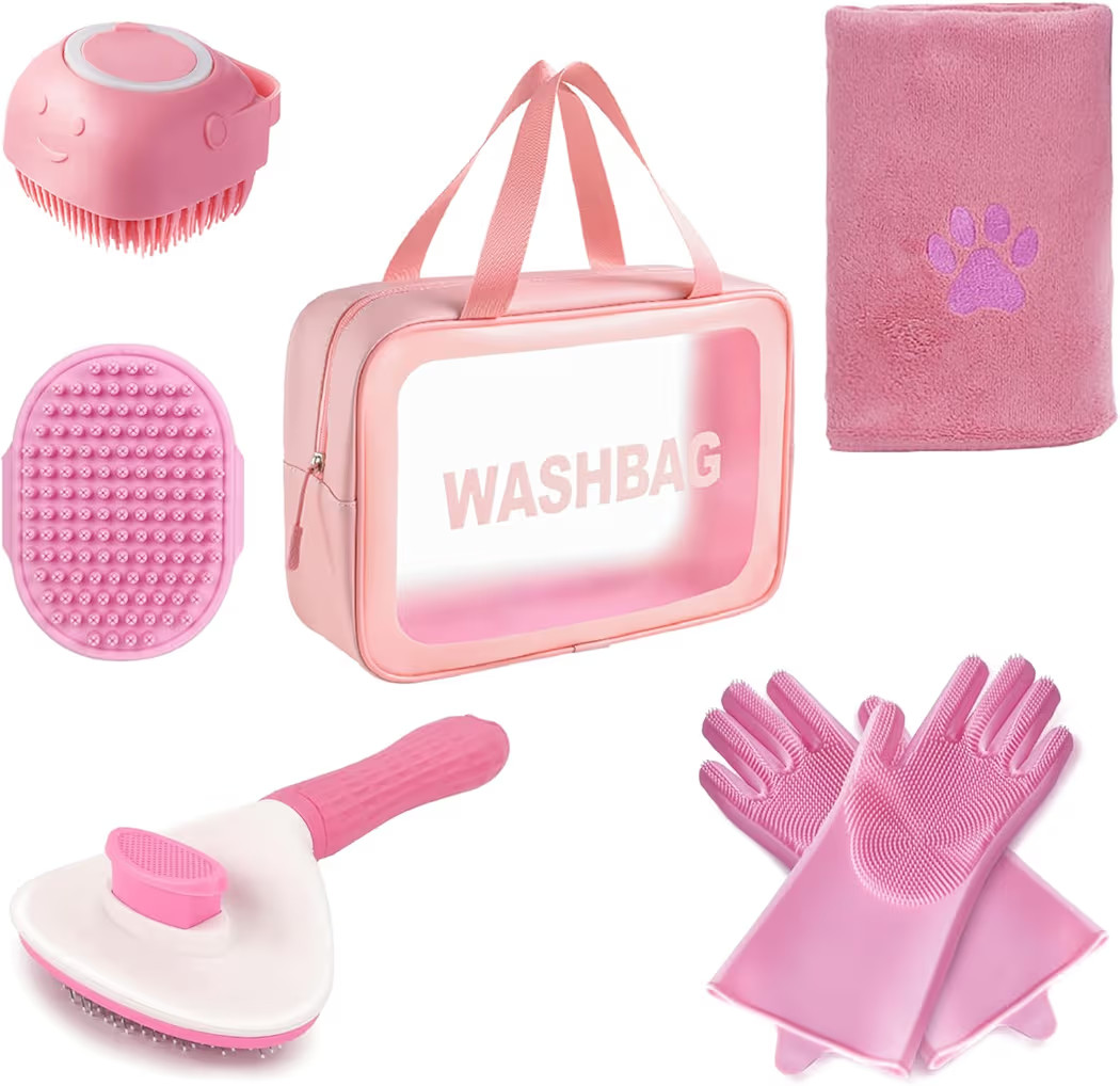 6PCS Pink Dog Washing Kit with Dog Brush, Shampoo Brush, Bath Scrubber,Washing Gloves, 39.7" × 2... | Amazon (US)