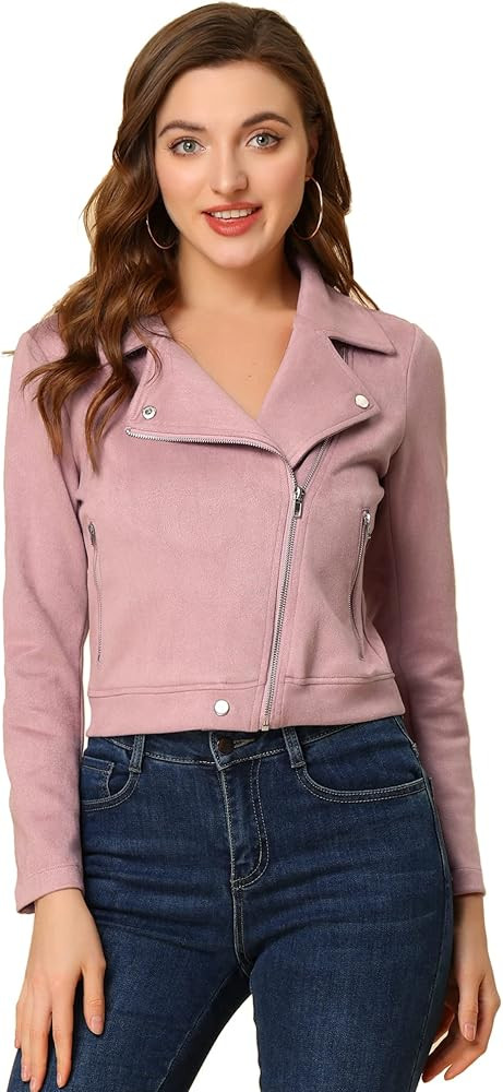 Allegra K Women's Short Soft Zip Up Faux Suede Biker Moto Jacket | Amazon (US)