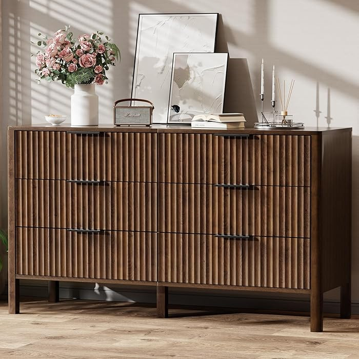 55" Wide Fluted 6 Drawer Dresser for Bedroom, Wooden Dresser Modern Chest of Drawers TV Stand Dre... | Amazon (US)