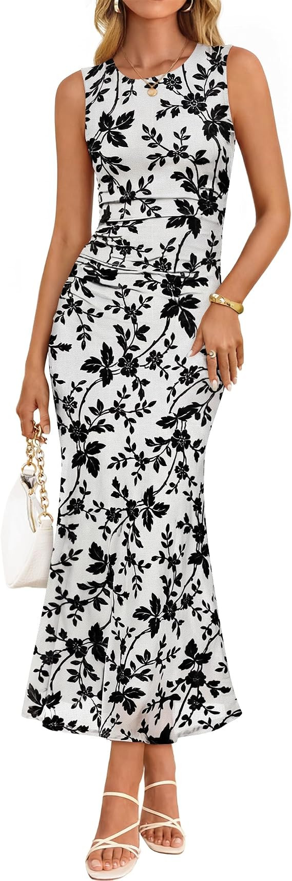 ZESICA Women's Sleeveless Floral Bodycon Maxi Dress 2026 Summer Ruched Mesh Wedding Guest Cocktai... | Amazon (US)