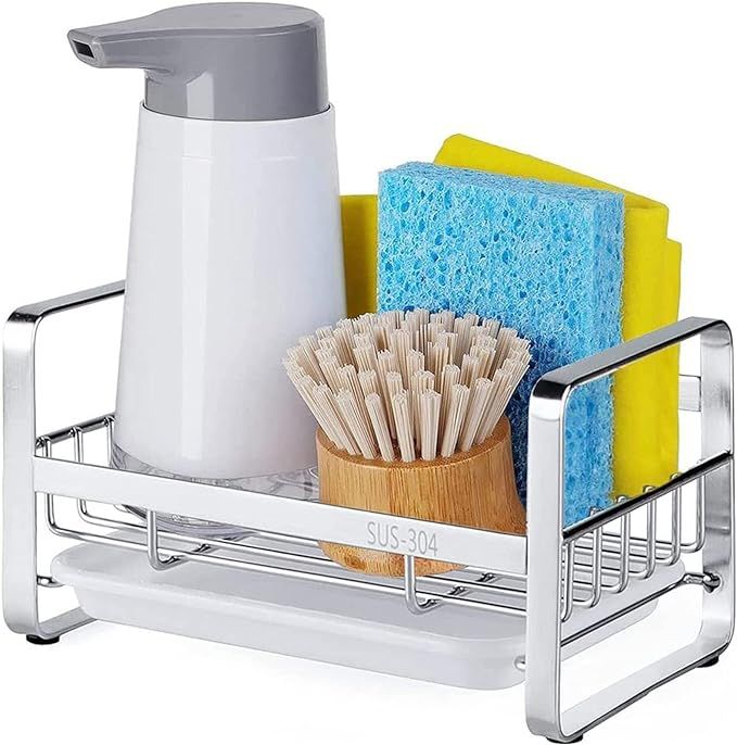HULISEN Kitchen Sink Sponge Holder, 304 Stainless Steel Kitchen Soap Dispenser Caddy Organizer, C... | Amazon (US)