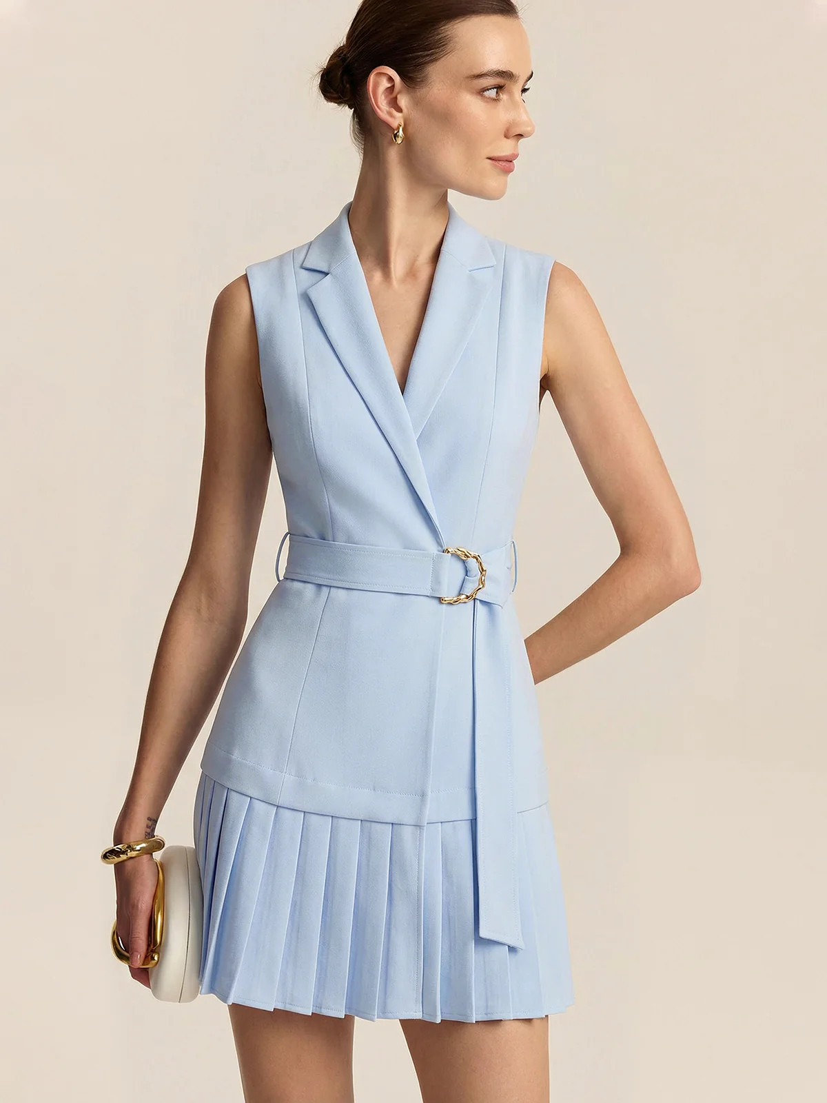Belted Pleated Sleeveless Blazer Mini Dress | Commense