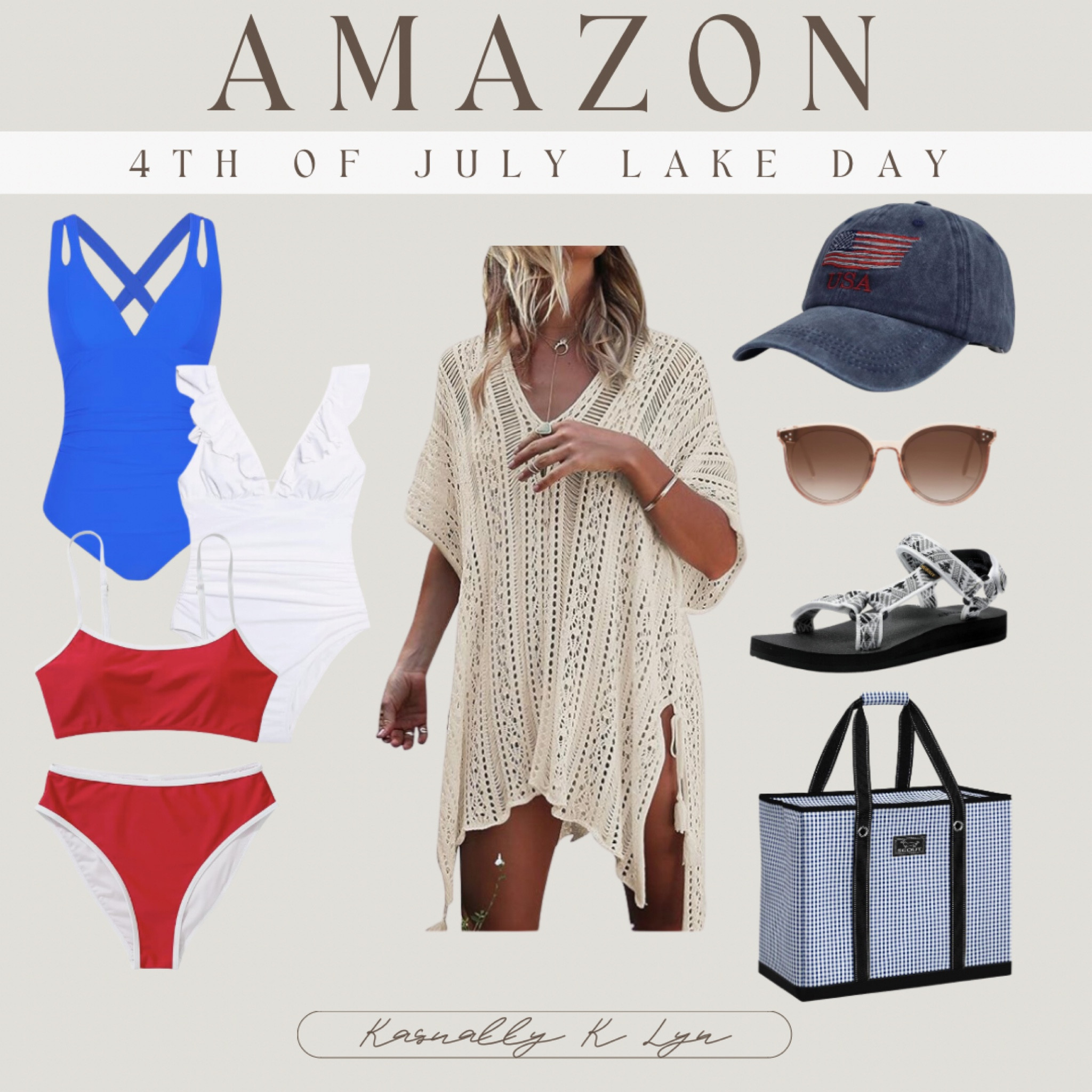 Amazon 4th of July Lake Day!! women’s red and white high waisted 2 piece bikini set. women’s blue one piece, ruffled V-neck, lace up swimsuit. women’s white tummy control, deep V-neck one piece swimsuit with double straps cross back tie. classic round, trendy, oversize vintage sunglasses. american flag baseball hat. extra large utility tote bag with zipper. women’s casual summer water sandals. women’s crochet swimsuit cover-up.

#LTKSwim #LTKSeasonal #LTKStyleTip