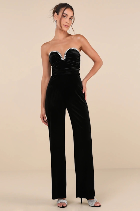 Fabulous Instinct Black Velvet Pearl Strapless Jumpsuit | Lulus