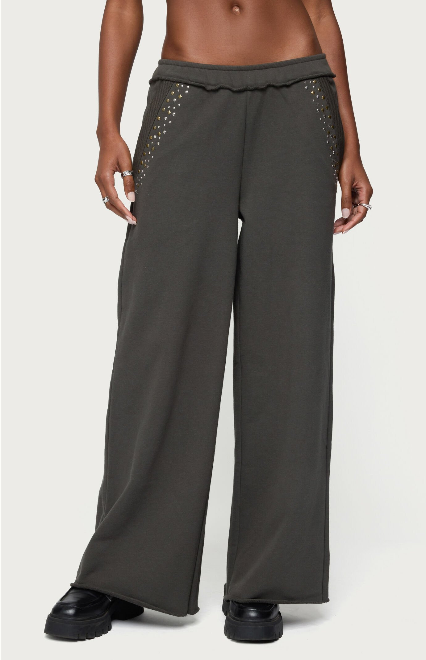 Edikted Women's Wrenn Studded Wide Leg Sweatpants in Dark Gray - Size Medium | PacSun