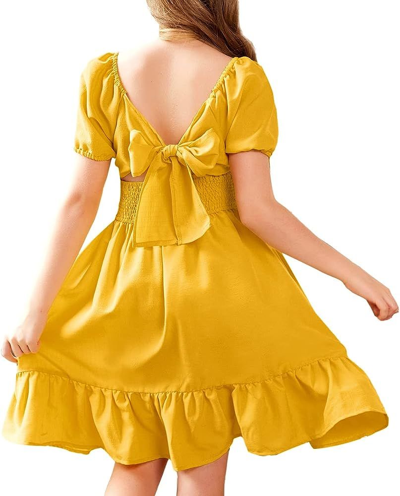 Arshiner Girls Tie Back Short Sleeve Ruffle Hem Off Shoulder Casual Elegant Dresses 4-12 Years | Amazon (US)