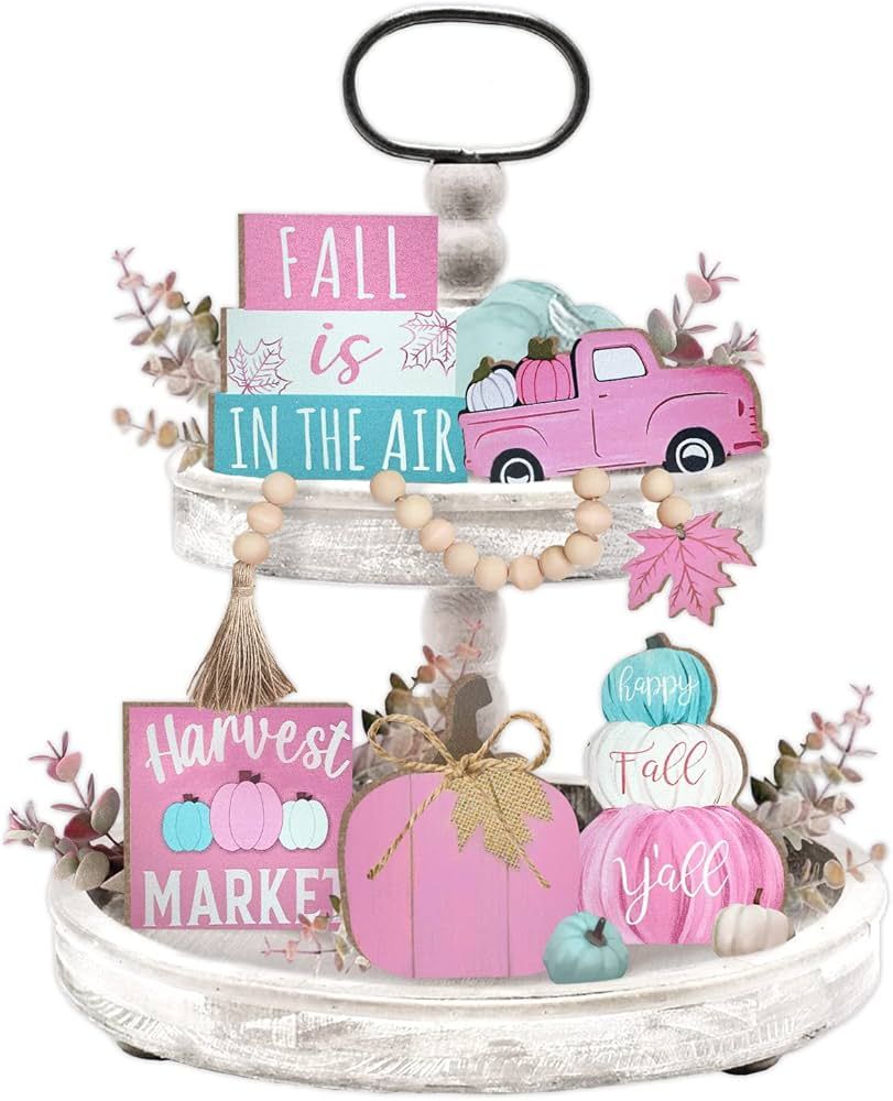 Amazon.com: Guoofu Pink Fall Tiered Tray Decor, 6PCS Farmhouse Pumpkin Tray Decorations, Cute Pum... | Amazon (US)