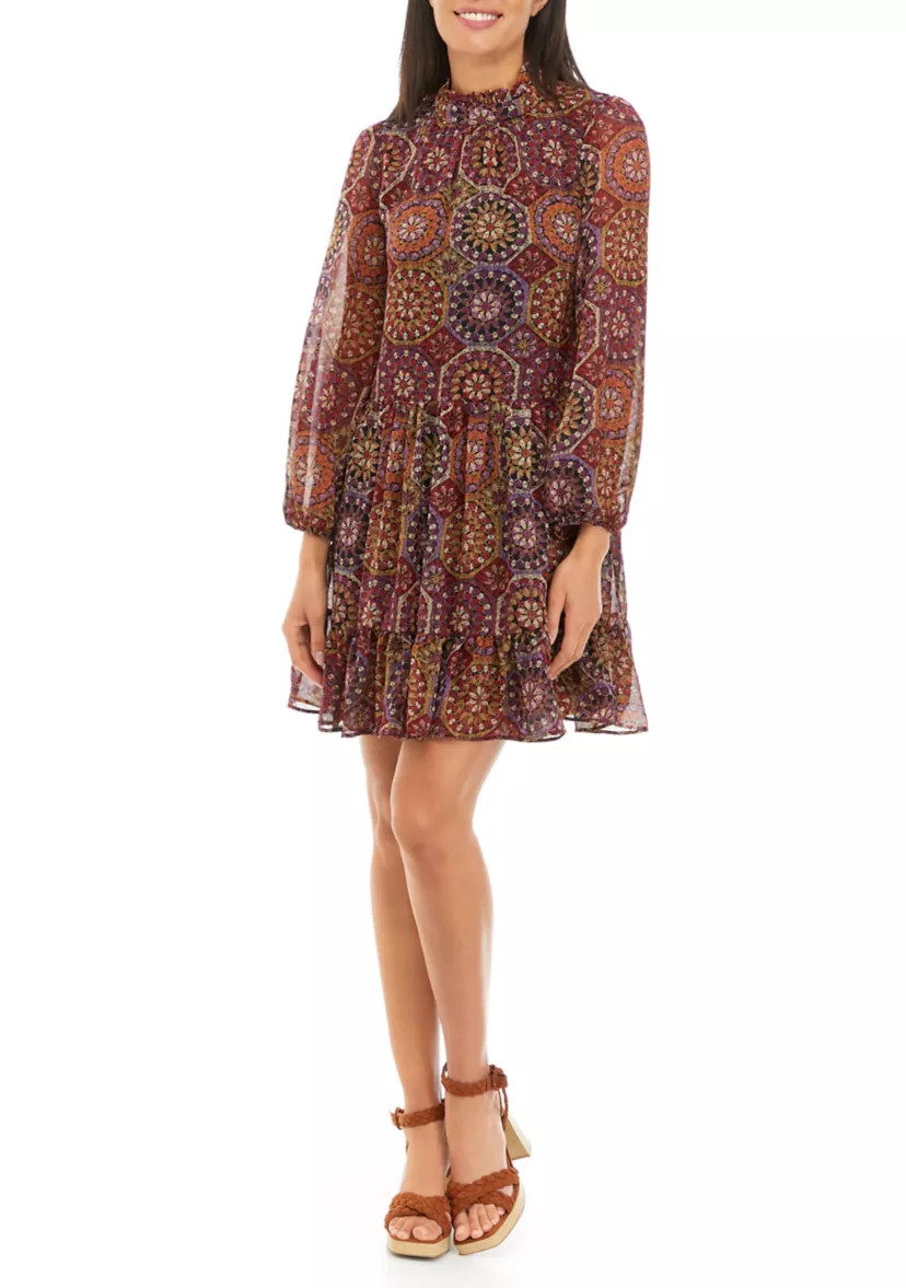 Women's Long Sleeve Mock Neck Medallion Print Chiffon A-Line Dress | Belk