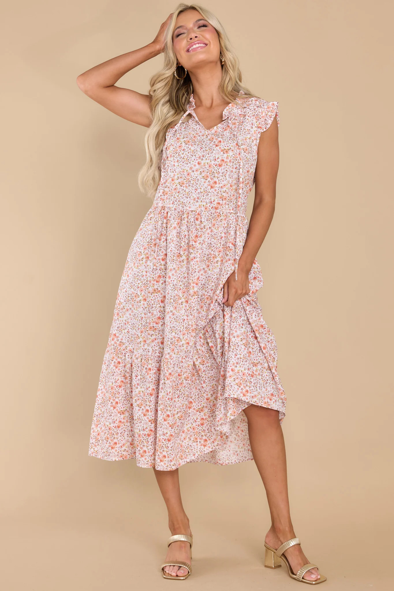 Pretty In Petals Ivory Floral Print Midi Dress | Red Dress 