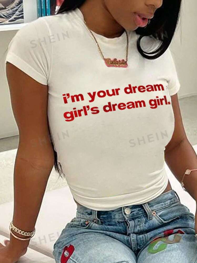 SHEIN Slayr Women's Round Neck Short Sleeve Letter Print Casual Top Graphic Tees Women Tops | SHEIN