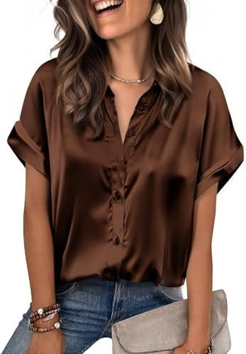 Zeagoo Womens Satin Blouse Short Sleeve Silk Tops Button Down Shirts Business Casual Outfits | Amazon (US)