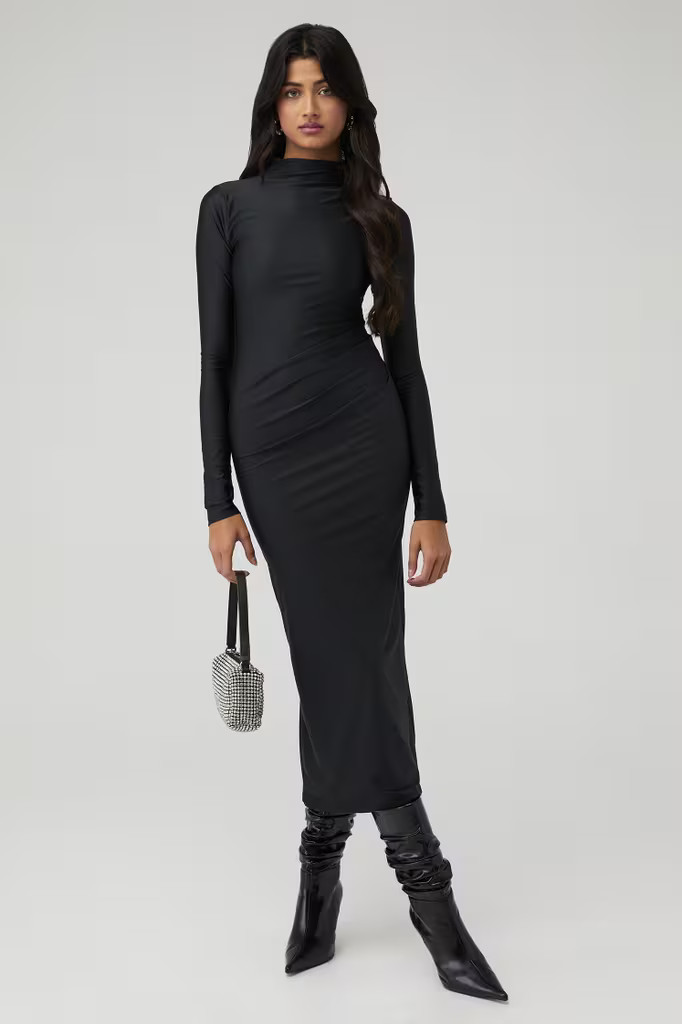 SATIN SHINE FUNNEL NECK MIDI DRESS | FashionPass