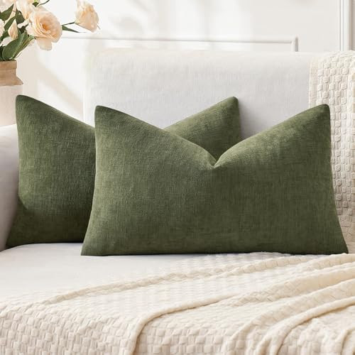 MIULEE Olive Green Couch Pillow Covers 12x20 Inch, Set of 2 Soft Chenille Decorative Lumbar Throw Pillow Covers Farmhouse for Sofa Living Room Bed | Amazon (US)