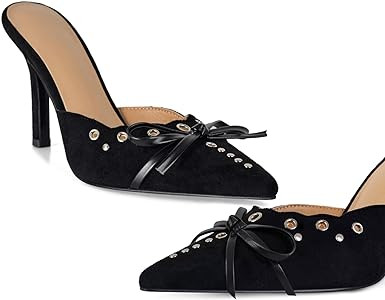 Women Pointed Toe Bow Heels Mules Slip on Stiletto Heels Sandals Dress Party Wedding Studded Heel... | Amazon (US)