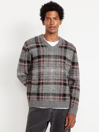 Wool-Blend V-Neck Plaid Sweater | Old Navy (US)