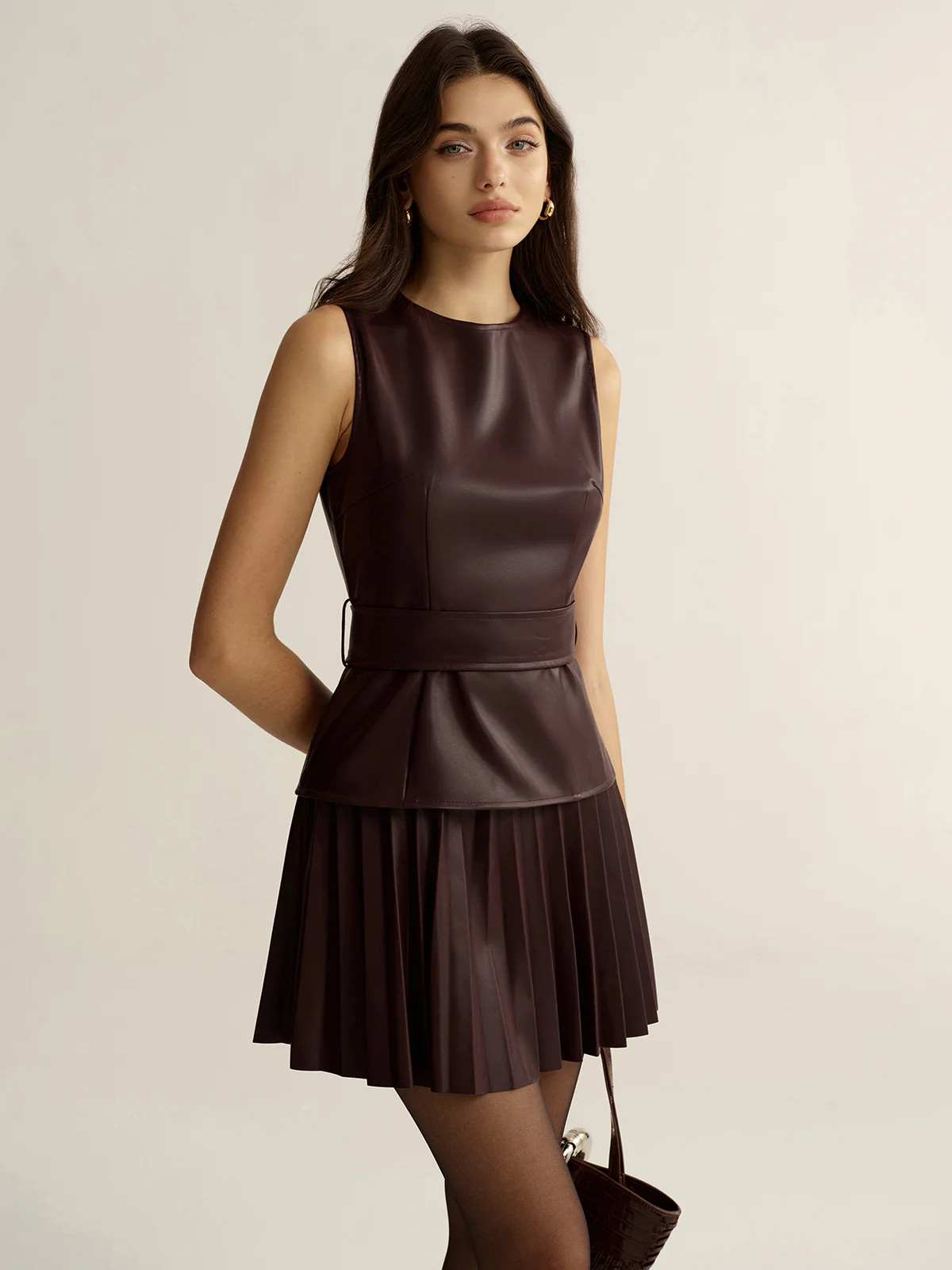 Belted Faux Leather Sleeveless Pleated Mini Dress | Commense