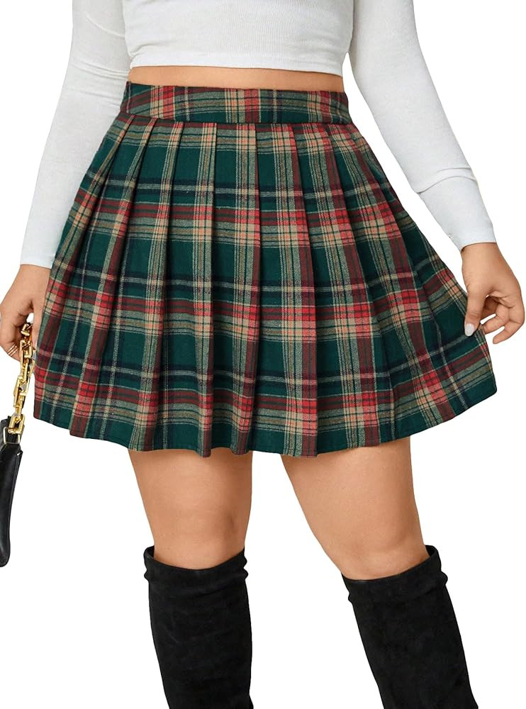 MakeMeChic Women's Plus Size Plaid Pleated High Waisted Mini Skirt A Line Skater Skirts | Amazon (US)