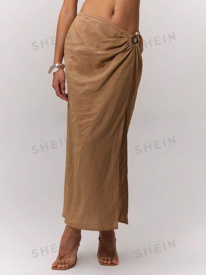 MUSERA Linen Look Bead Trim Maxi Skirt | SHEIN USA | SHEIN