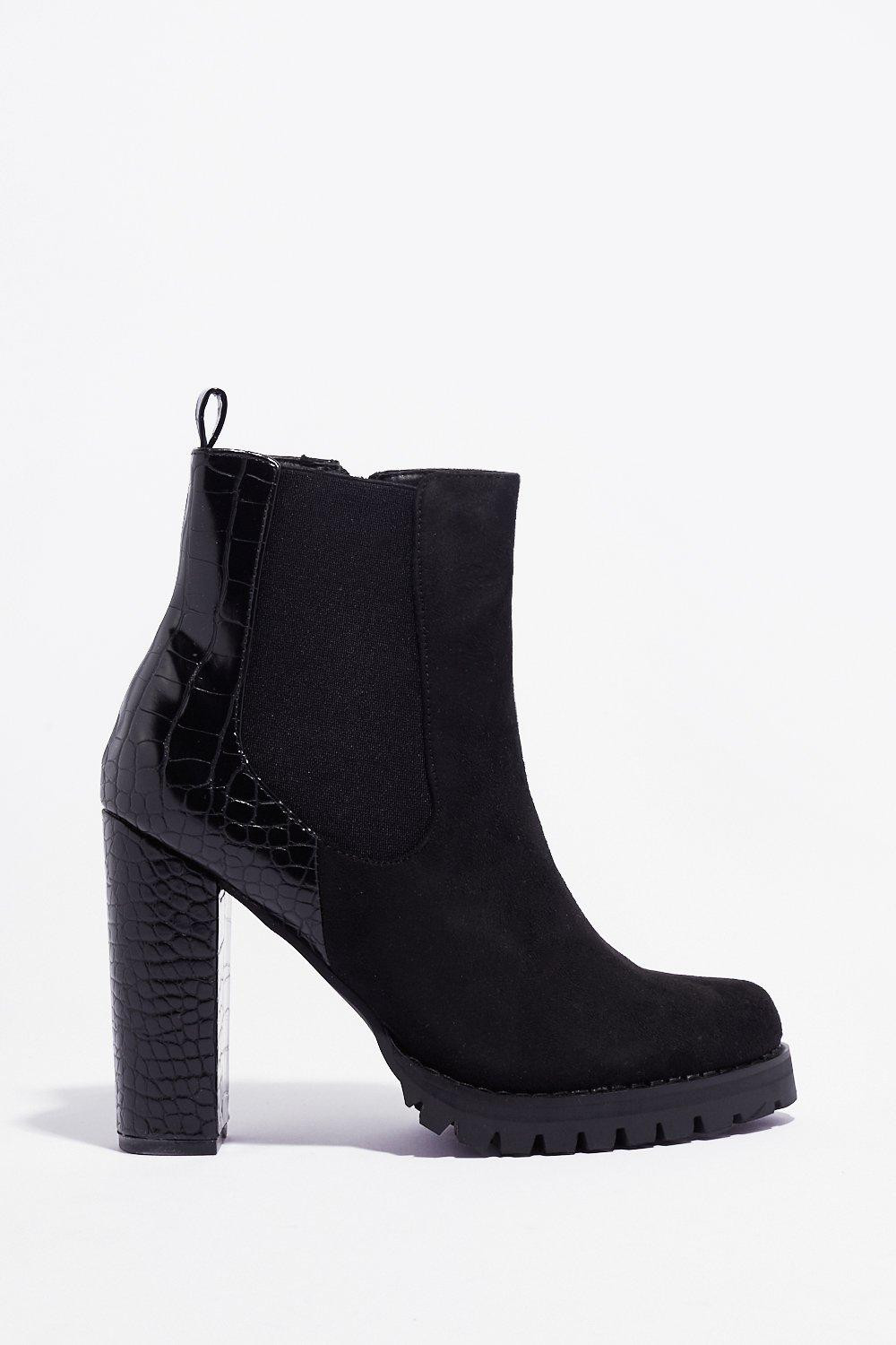 Womens Hit Croc Bottom Faux Suede Heeled Boots - Black | NastyGal (US & CA)