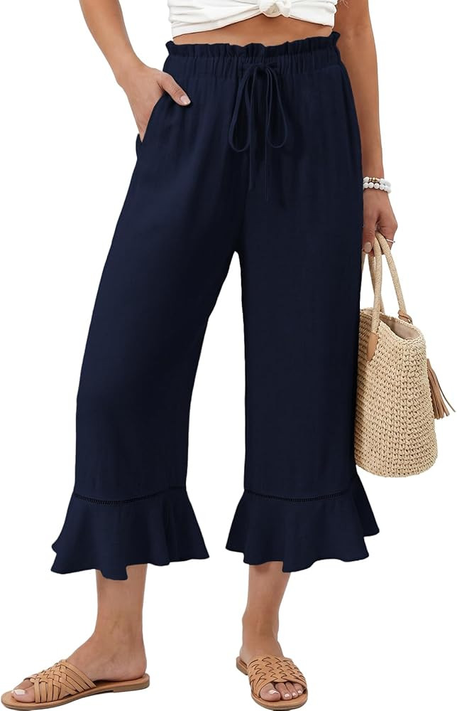 EVALESS Linen Pants Women Summer Casual Wide Leg Drawstring Elastic Waist Ruffle Hem Capri Pants ... | Amazon (US)