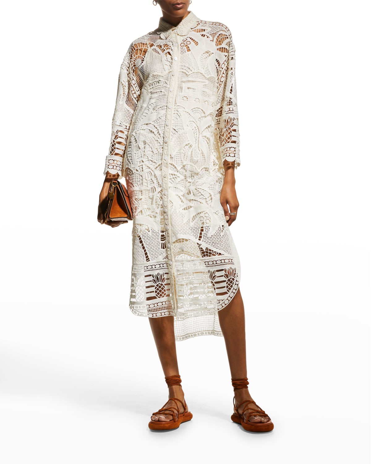 Off-White Guipure Lace Midi Shirtdress | Neiman Marcus
