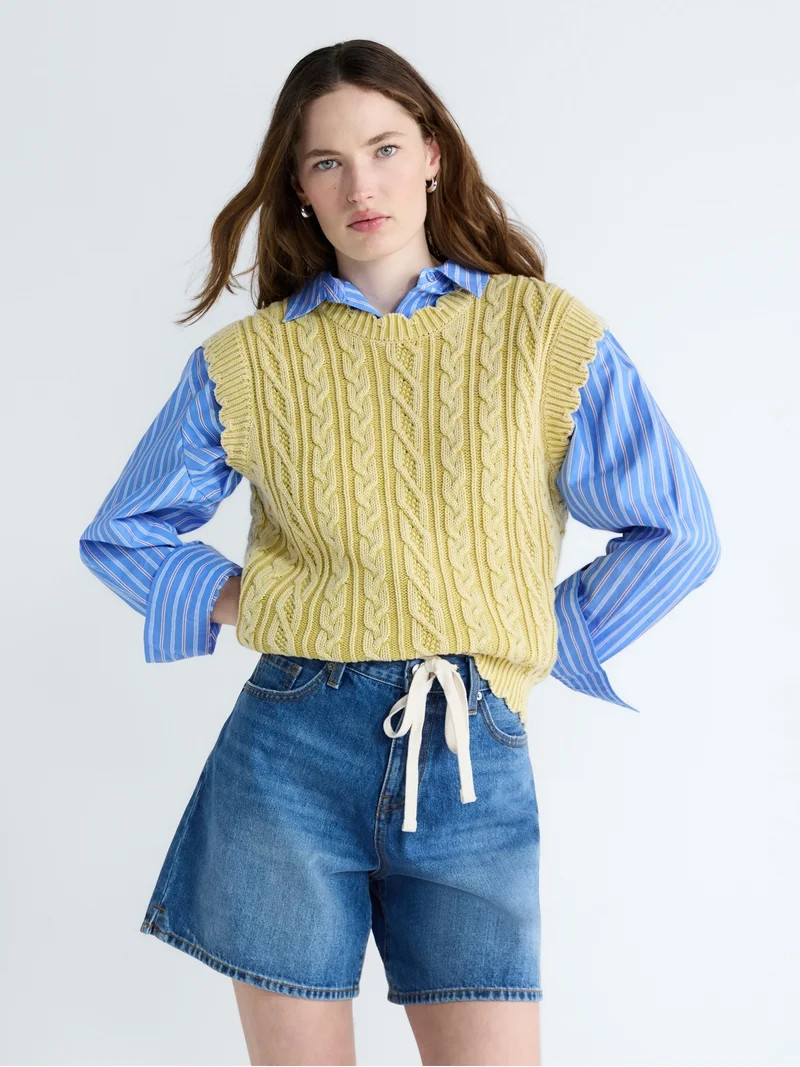 Free Assembly Women's Scalloped Cable Knit Cotton Vest, Sizes XS-XXL | Walmart (US)