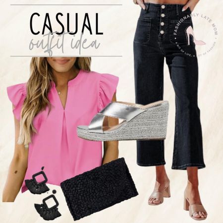 Casual work outfit!
Fashionablylatemom 
Fashionably late mom 
Pink top
Black denim jeans
Sandals 