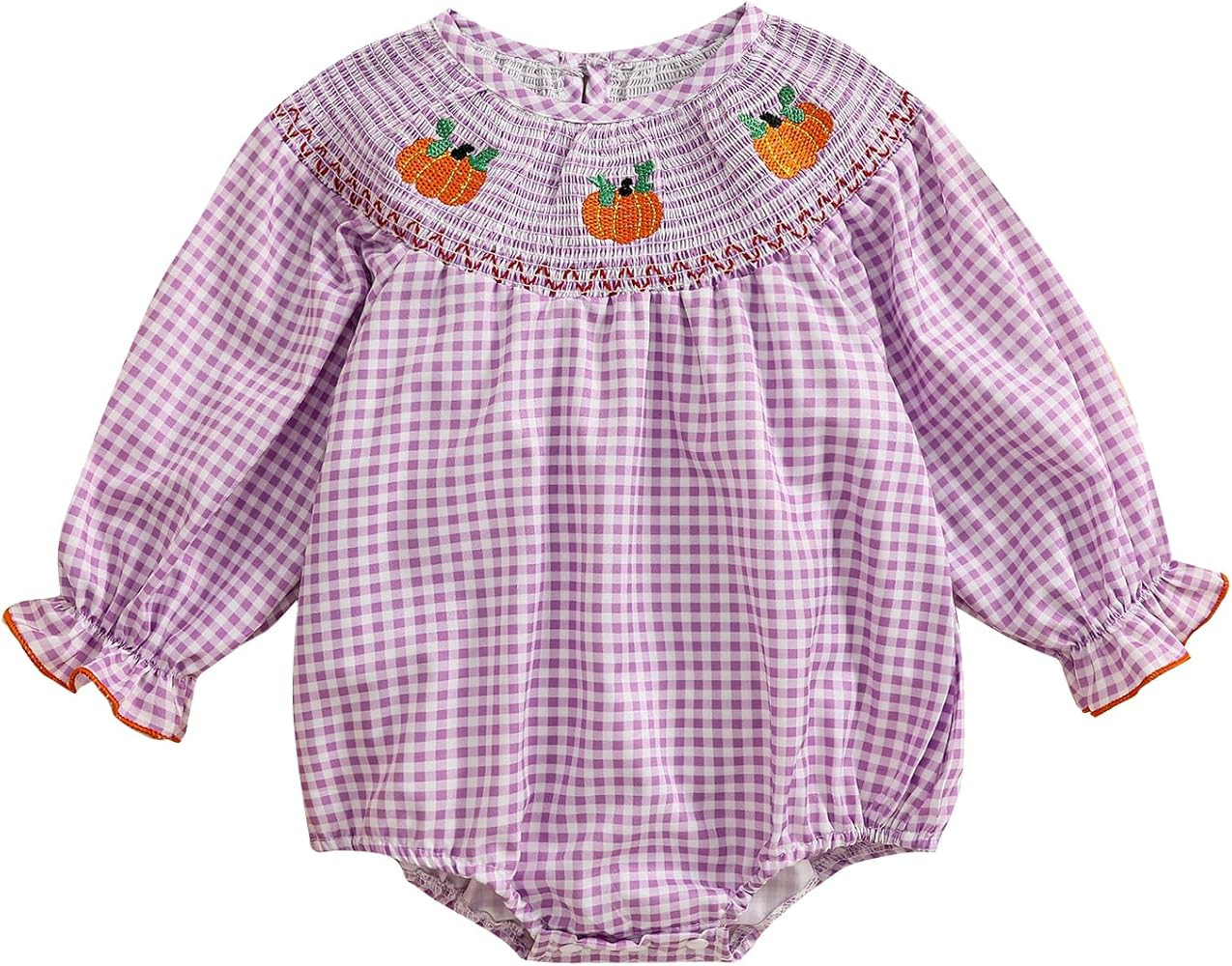 Toddler Baby Girl Halloween Romper Plaid Pumpkin Embroidery Long Puff Sleeve Smocked Romper Cotto... | Amazon (US)