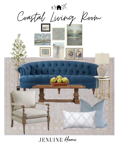Coastal living room. Blue tufted sofa. Traditional couch. Faux olive tree. Artichoke decor. Wooden coffee table. Rectangle coffee table. Blue velvet throw pillow. Blue and white lumbar pillow. Neutral traditional rug. Light neutral grey spindle armchair. Neutral natural lamp. Gold metal side table. Light blue gallery art collection. Small business art. Landscape art. Vertical art  