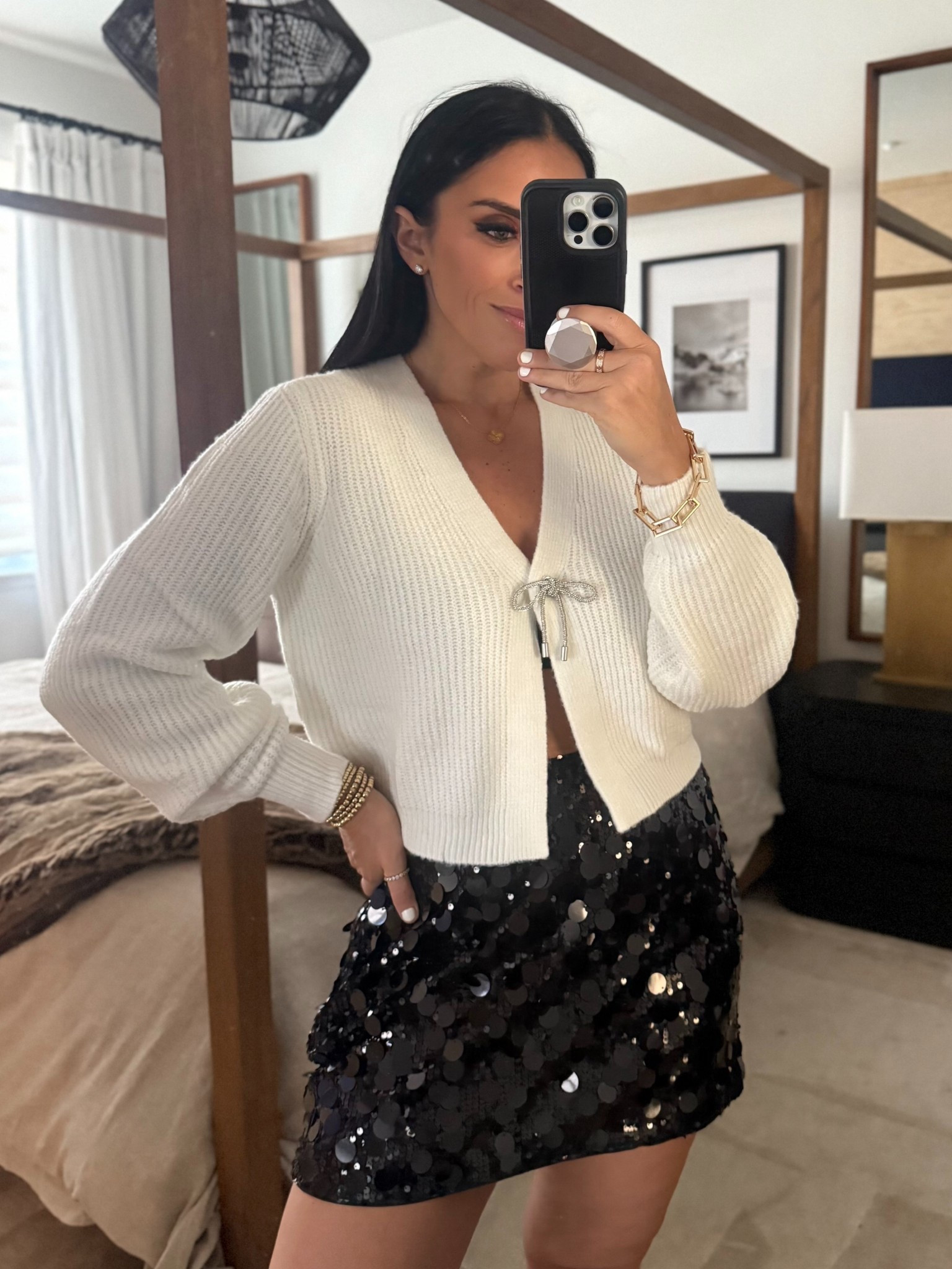 The A&F Scarlett Sequin Mini Skort wearing size medium. No Boundaries bow caridgan wearing size medium only $14