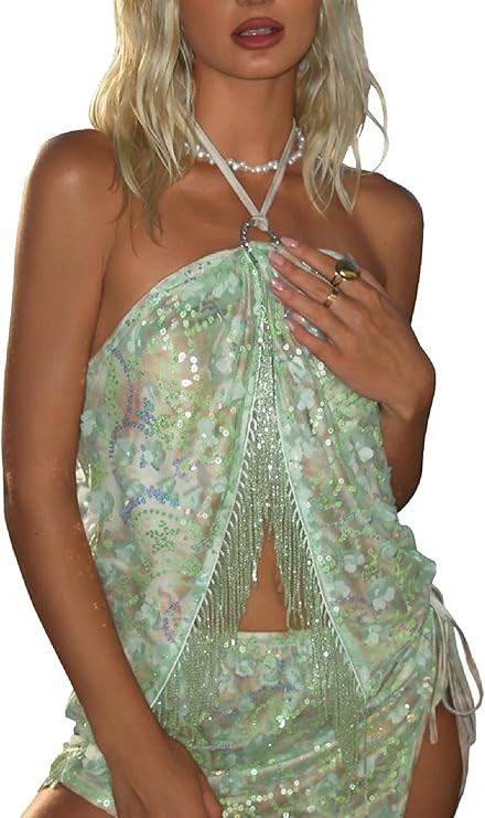 MakeMeChic Women's Sequin Sparkly Halter Crop Tops Fringe Open Back Split Summer Party Top | Amazon (US)