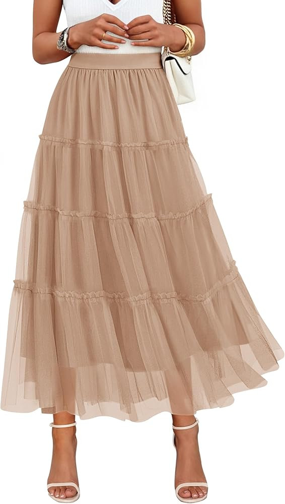 ZESICA Women's Tulle Maxi Skirt A-Line Flowy Ruffle Tiered Elastic High Waist 2026 Fall Trendy Mi... | Amazon (US)