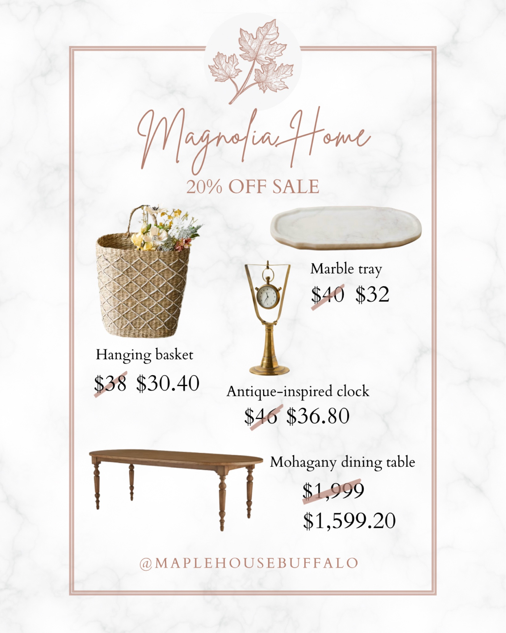 Magnolia Home is having a 20% off sale in honor of Joanna Gaines’ birthday! 
I purchased the hanging basket and linked a few more items I love. 
This is a great deal for an 8-foot solid wood dining table! When my husband and I were looking for a dining table, the nicest and most inexpensive we could find was $1,000 for a floor model that was scratched in a few places - and that was three years ago! 
Antique clock | solid wood dining table | marble tray | hanging basket

#LTKsalealert #LTKhome #LTKfindsunder50