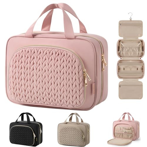 BAGSMART Travel Toiletry Bag with Jewelry Organizer, Hanging Travel Bag for Toiletries, Makeup Cosmetic Bag Organizer, Carry-on Travel Accessories Essentials, Pink-M | Amazon (US)