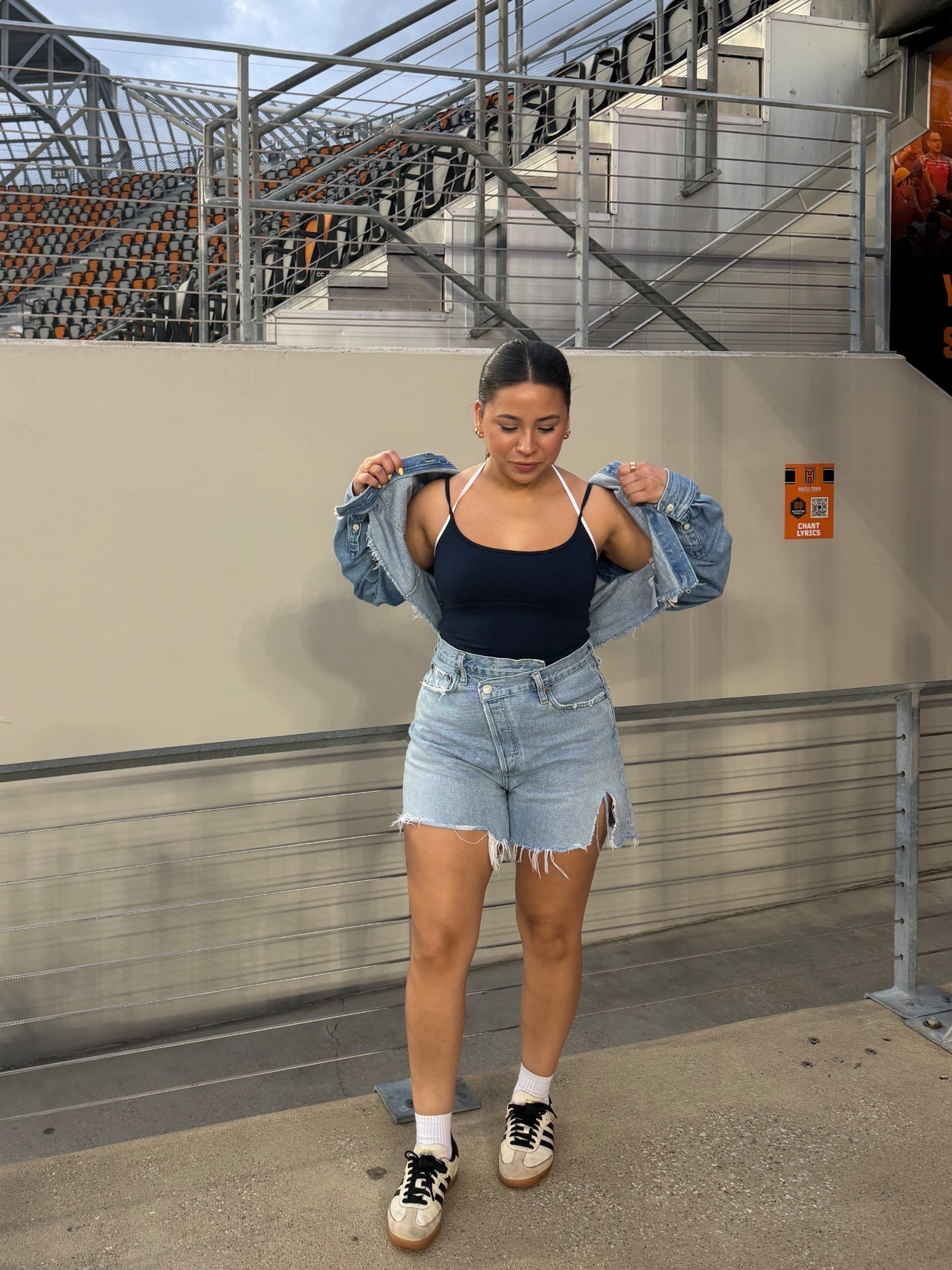 Soccer game outfit 
Denim jacket: old, linked similar 
Denim shorts: old, linked similar 
Halter tank: small
Sneakers: 6 women 
White ankle socks 

#LTKootd #LTKdayinmylife #LTKgrwm