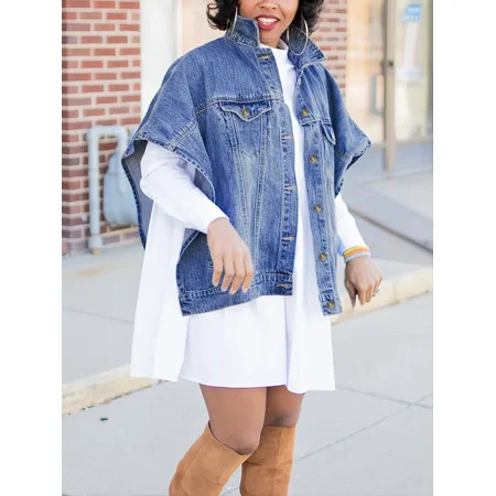 Loose Denim Cloak Jackets Women‘s Denim Poncho Cloak Cape Washed Blue Denim Jackets Denim Vest | Walmart (US)