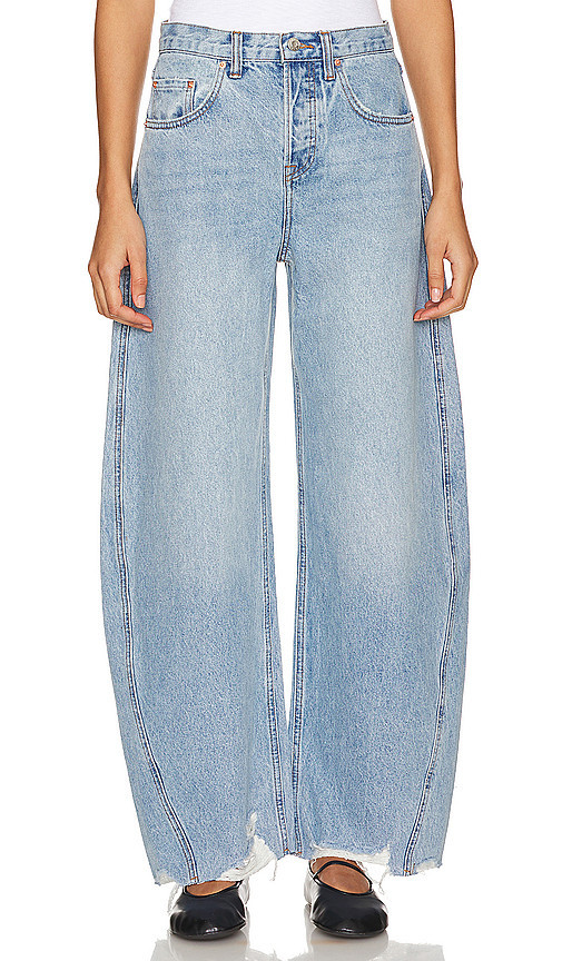 GRLFRND Paola Barrel Leg Jean in Blue. Size 27. Also in 23, 25, 28, 29, 30, 31, 32. | Revolve Clothing (Global)