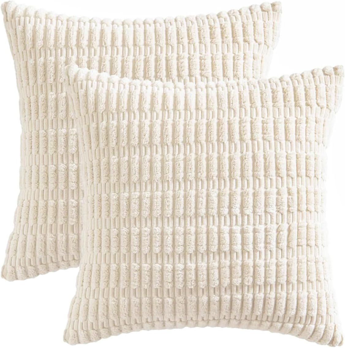 lalunalee Throw Pillow Covers 18x18 Set of 2 White Boho Decorative Farmhouse Neutral Corduroy Dec... | Amazon (US)