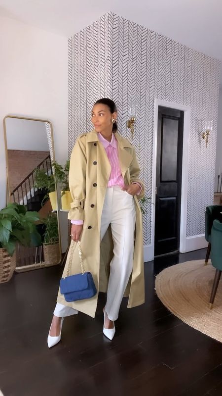 Trench coat 4 ways — kicking off with pintuck jeans and a striped pink shirt, Toss in a denim bag for that extra flair. a bold yet effortless statement by pairing w a  trench skirt . Transition into a chic weekend look by rocking trousers with your trench. wrapping up with a denim shirt and maxi skirt – an easy and trendy combo for your next outing. 

#LTKworkwear #LTKstyletip #LTKover40