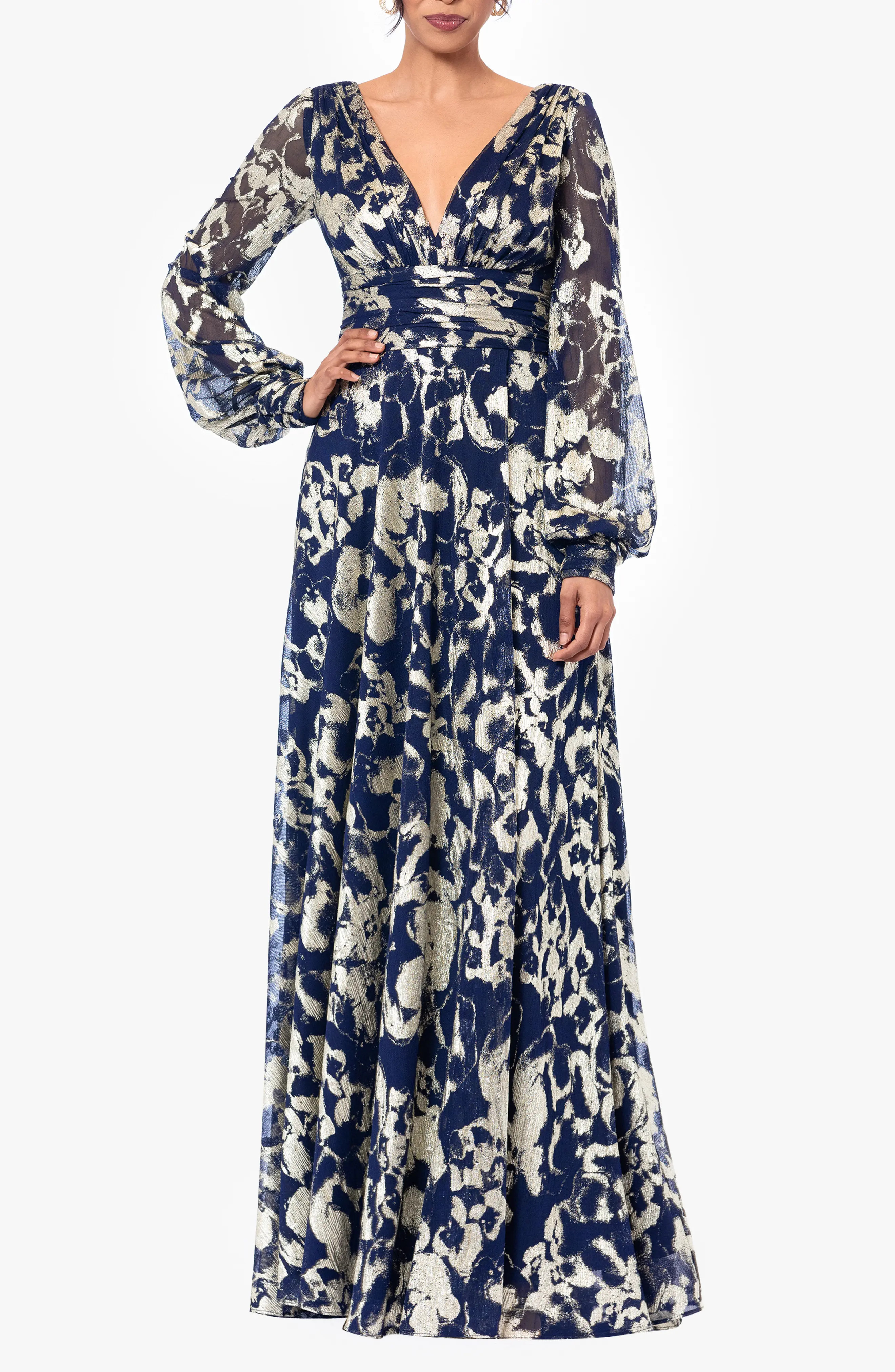 Betsy & Adam Floral Metallic Long Sleeve A-Line Gown in Navy/Gold at Nordstrom, Size 12 | Nordstrom