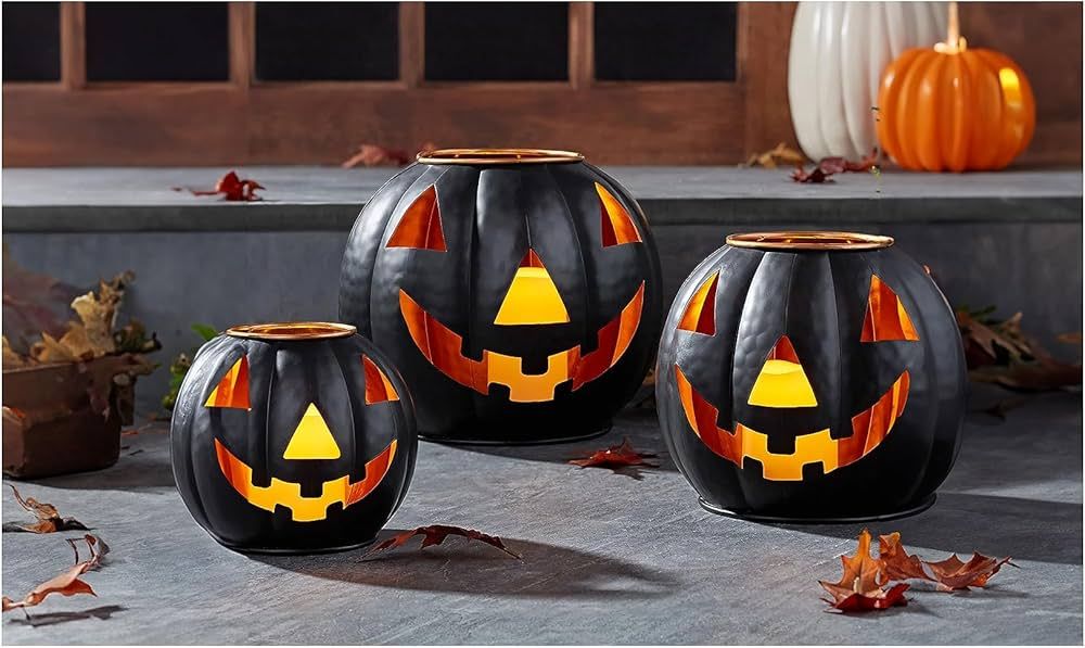 Halloween Metal Jack O Lanterns Pumpkin Set of 3 with LED Candles with Black Creepy Cloth Decorat... | Amazon (US)