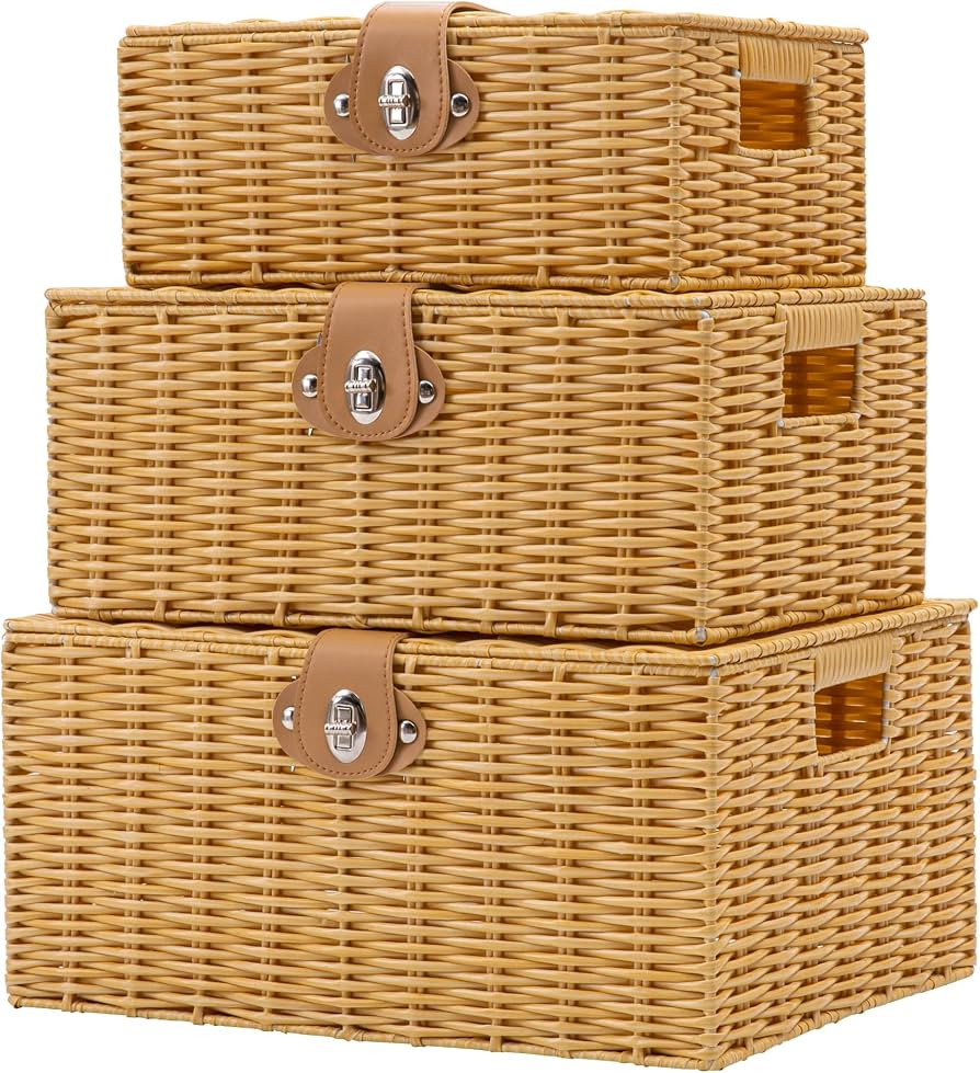Wicker Storage Baskets with Lids, Set of 3 Decorative Storage Boxes, Woven Baskets with Lock & Ha... | Amazon (US)