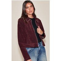 Burgundy Studded Detail Faux Suede Zip Up Jacket | PrettyLittleThing UK