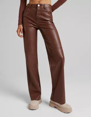 Bershka faux leather straight leg trouser in brown | ASOS (Global)