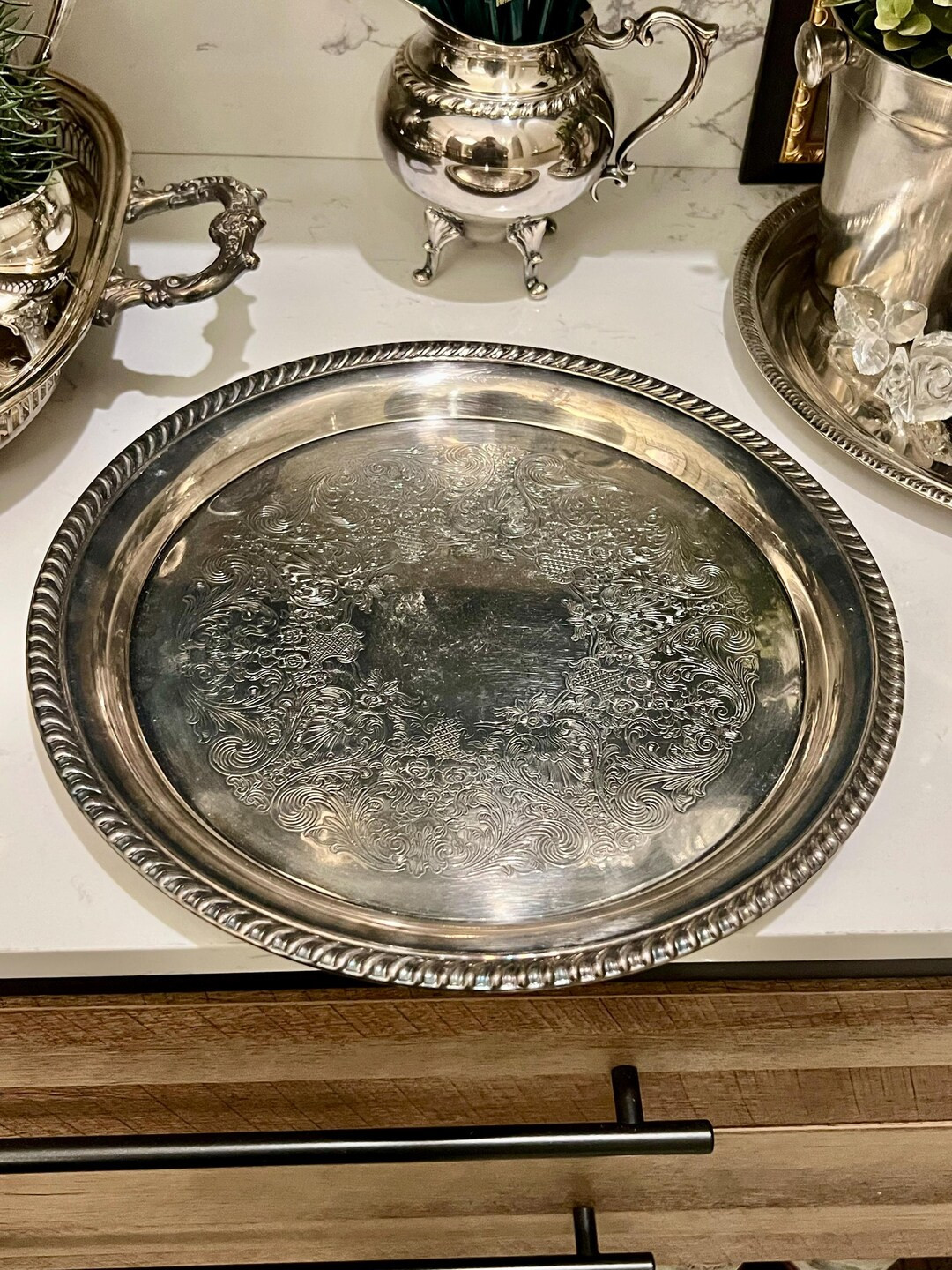 Vintage Wm. Rogers & Son Silver Plate Serving Tray - Round and Embossed Tray - Elegant Barware - ... | Etsy (US)