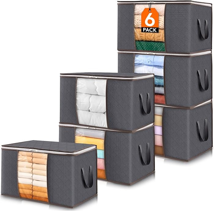 Lifewit 6 Pack Clothes Storage Bins with Lids, Foldable Blanket Storage Bags with Zippers, Clear ... | Amazon (US)