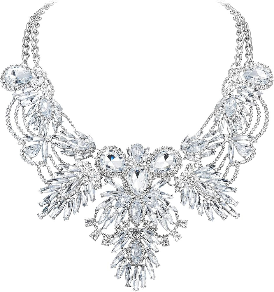 Flyonce Chunky Statement Collar Necklace for Women Rhinestone Crystal Vintage Floral Leaf Drop Costume Jewelry | Amazon (US)