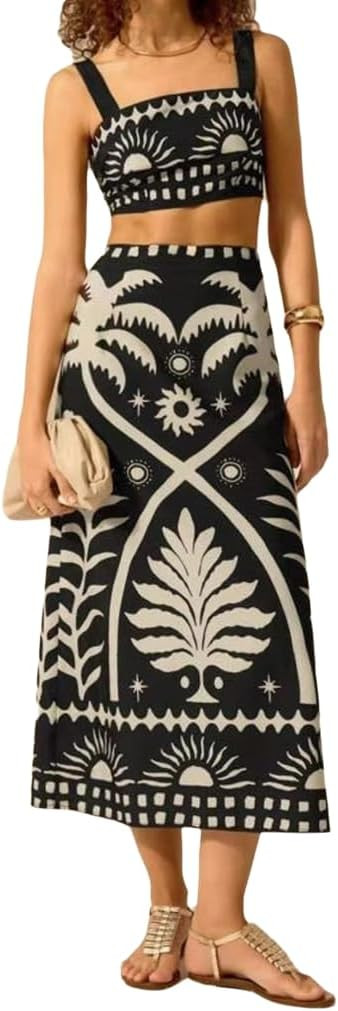 THLAI Women 2 Piece Midi Skirt Sets Tropical Print Crop Top and Midi Skirt Set Summer Casual Vaca... | Amazon (US)